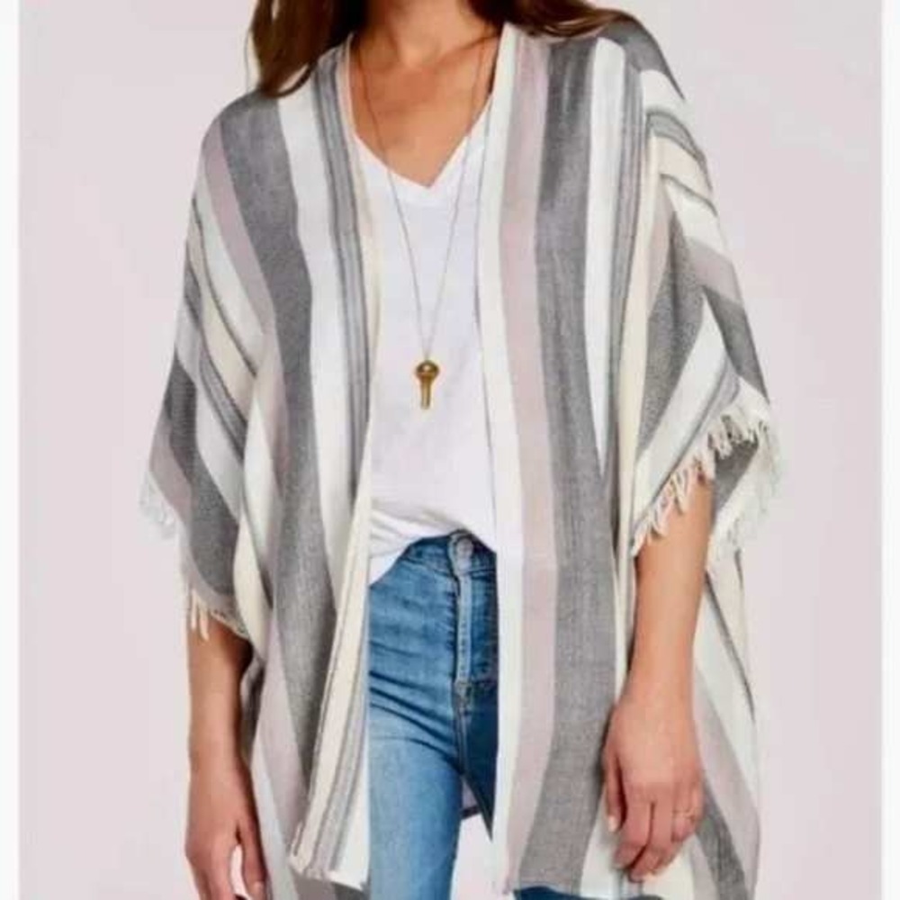 Sunday in Brooklyn Womens Kimono Cardigan M/L Striped Fringed Open Front Rayon